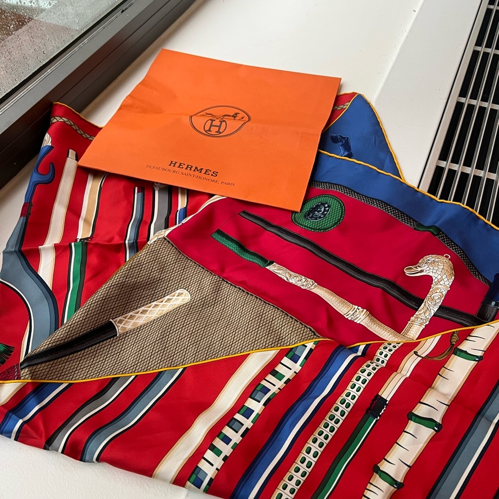 Hermes LES CANNES scarf silk orange 90cm split design like new 2019
